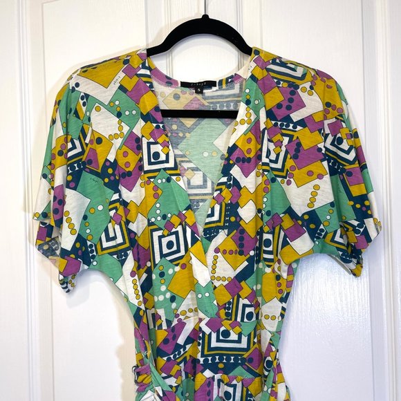 Geometric Printed Jersey Belted Short Sleeve Y2K Dress S - Picture 3 of 8